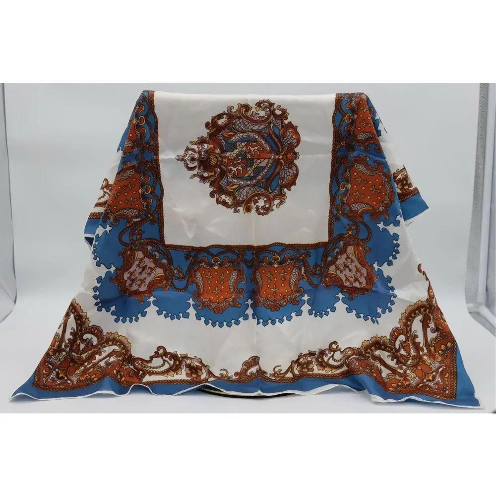 Vintage Acetate‎ Scarf Blue Cream Baroque Equestrian Print Square 26.5” Japan